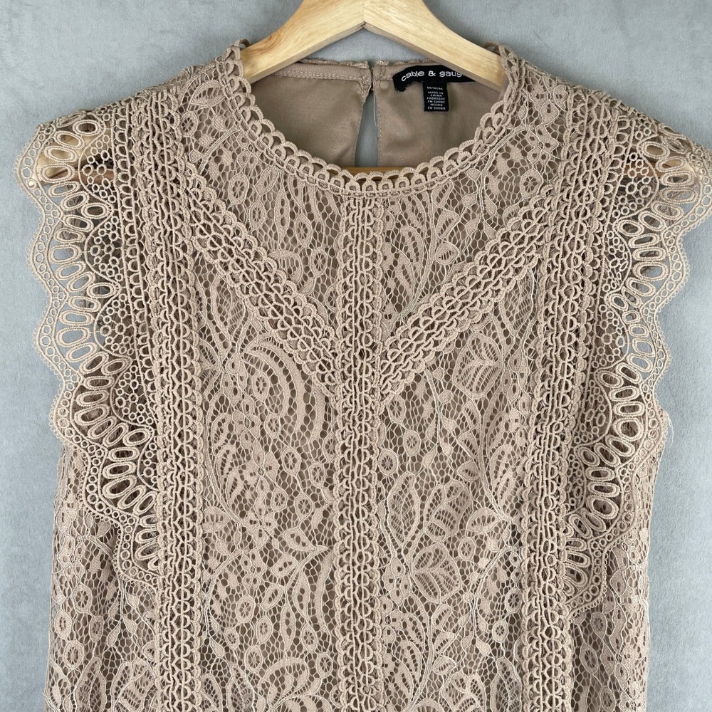 Cable & Gauge Womens Tan Floral Lace High Neck Sleeveless‎ Shell Coquette Top M - Picture 3 of 8